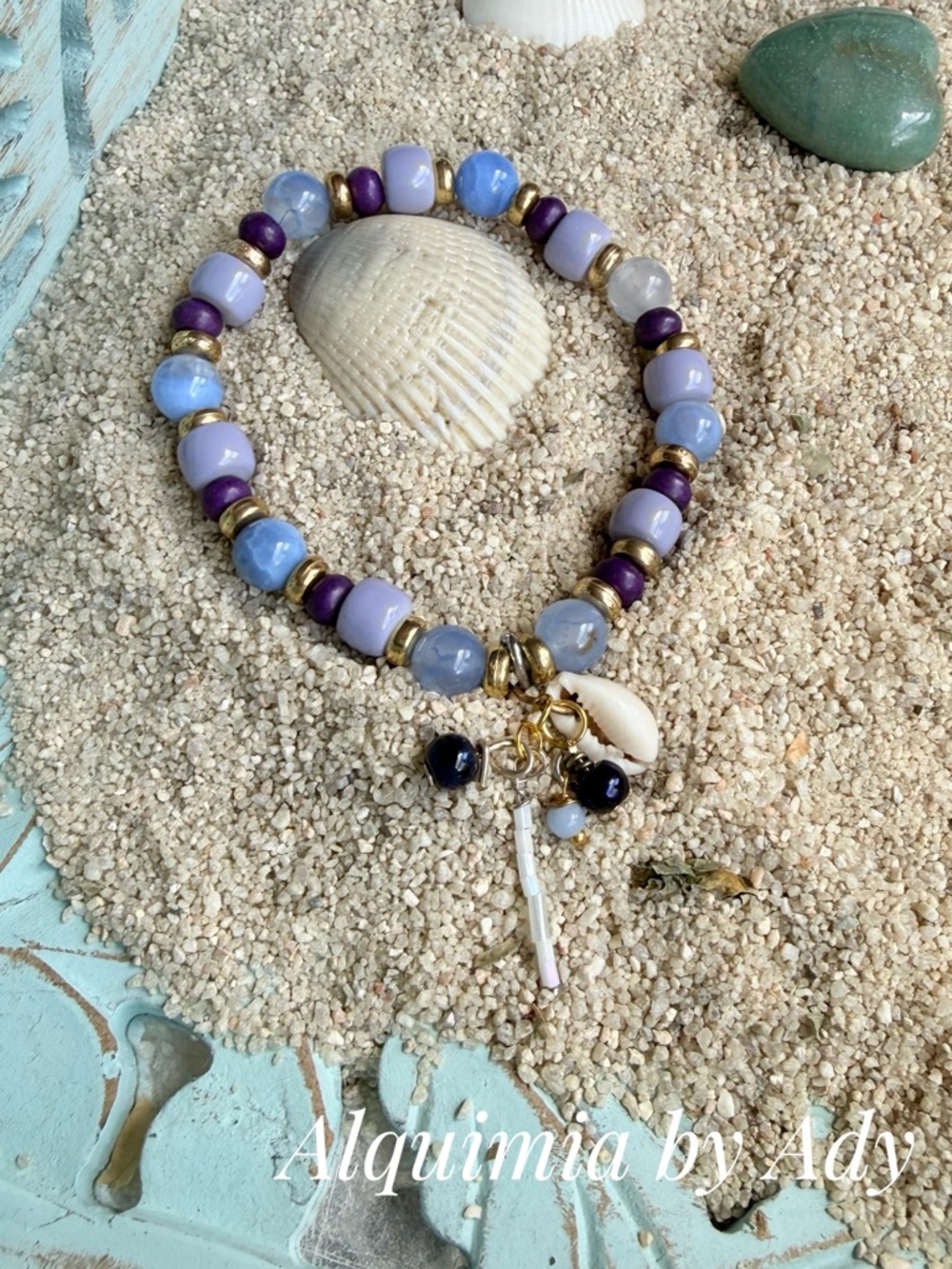 Aquamarine Lavender, Purple & Blue Beaded Charm Bracelet with Gold Accents